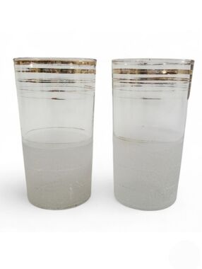 Frosted Highball Glasses with Gold Banding MCM Barware Set of 2 Vintage